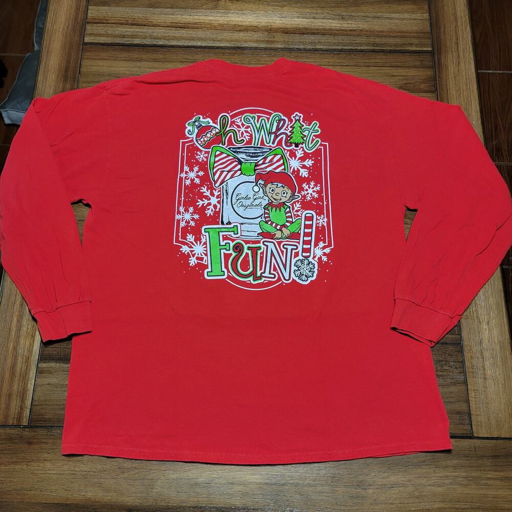 Girlie Girl Originals LS Red Christmas Tee (Gildan) "Oh What Fun" Elf - Size XL